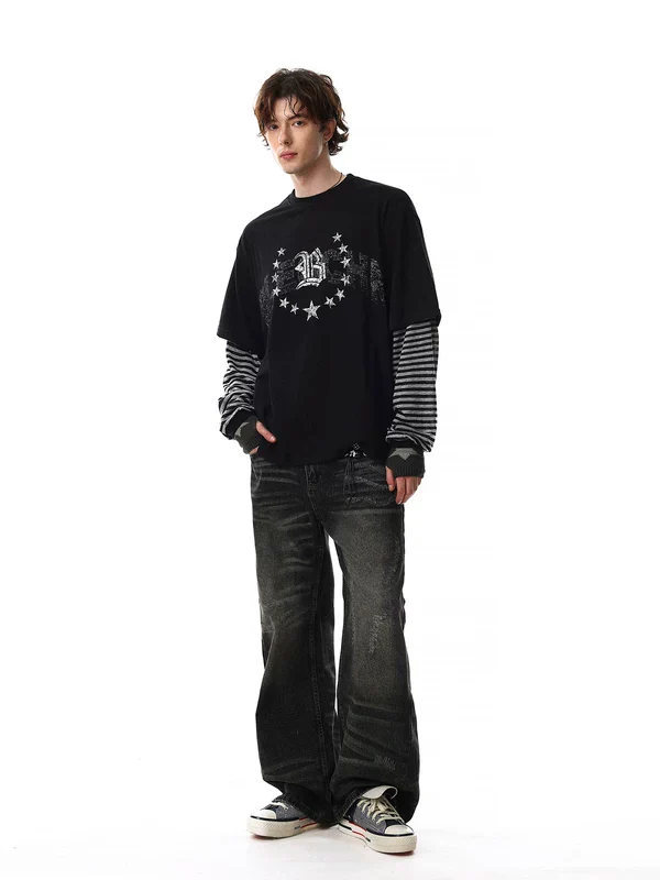 Star Graphic Layered Sleeve Long T-Shirt - Image 6