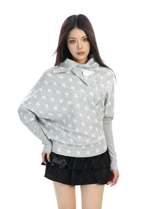Star Print Asymmetrical Neck Pullover - Image 3