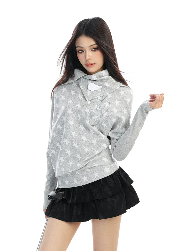 Star Print Asymmetrical Neck Pullover - Image 4