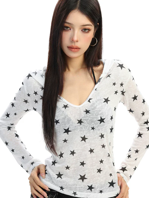 Star Print Hooded V-Neck Long Sleeve Top - Image 5