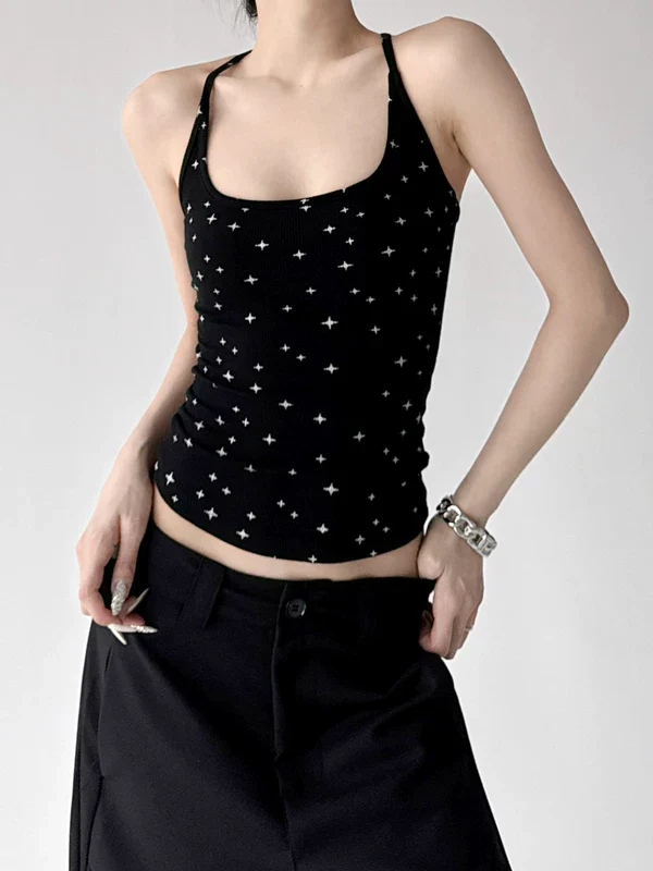 Star Print Ribbed Slim Camisole Top - Image 4