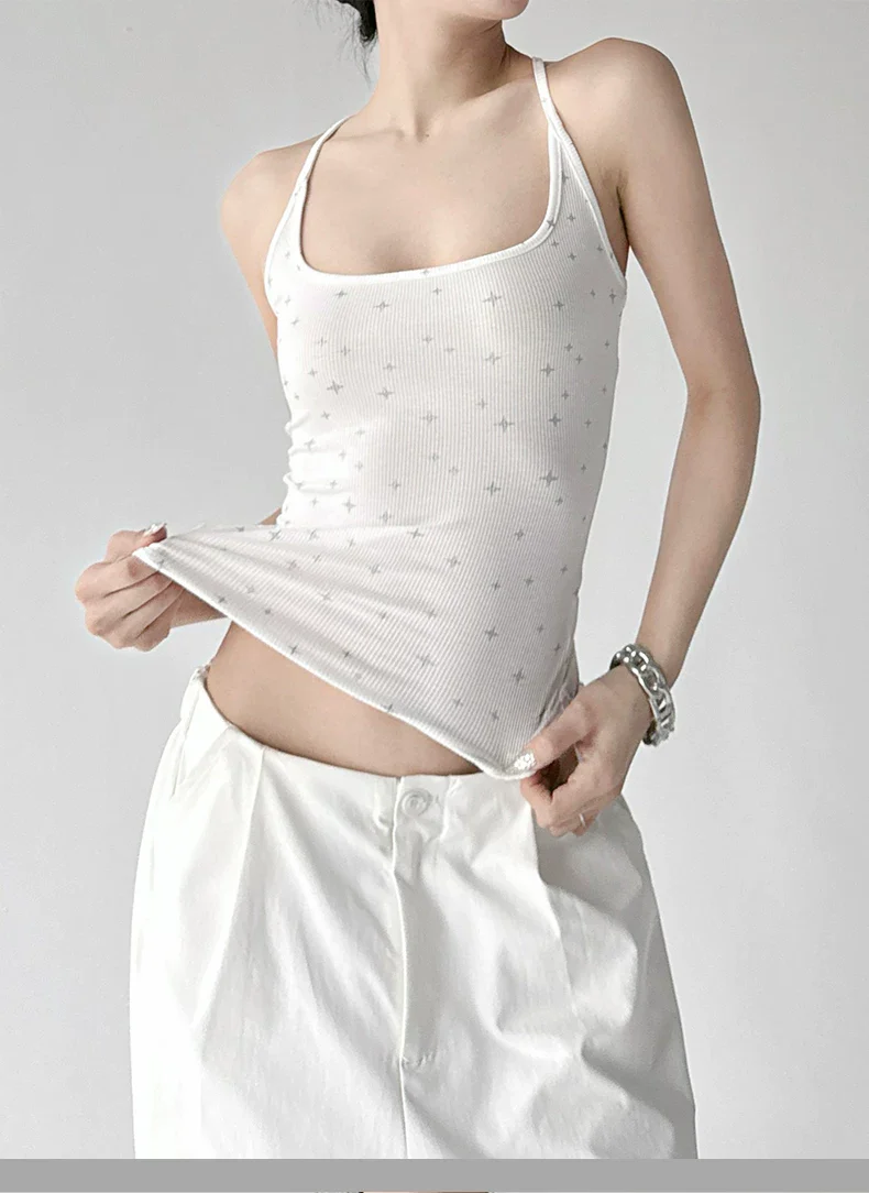 Star Print Ribbed Slim Camisole Top - Image 7