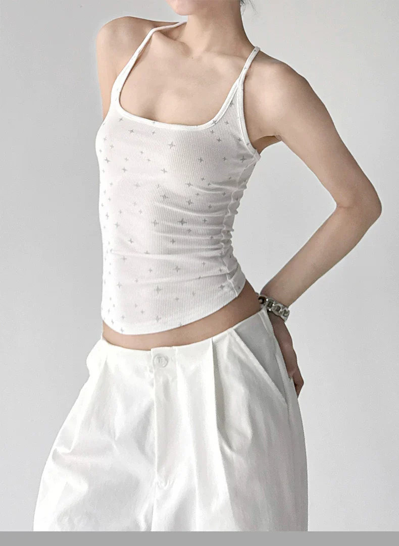 Star Print Ribbed Slim Camisole Top - Image 8