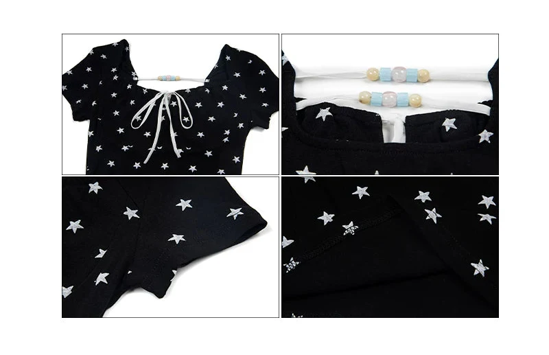 Star Print Ruched Drawstring Short Sleeve Top - Image 12
