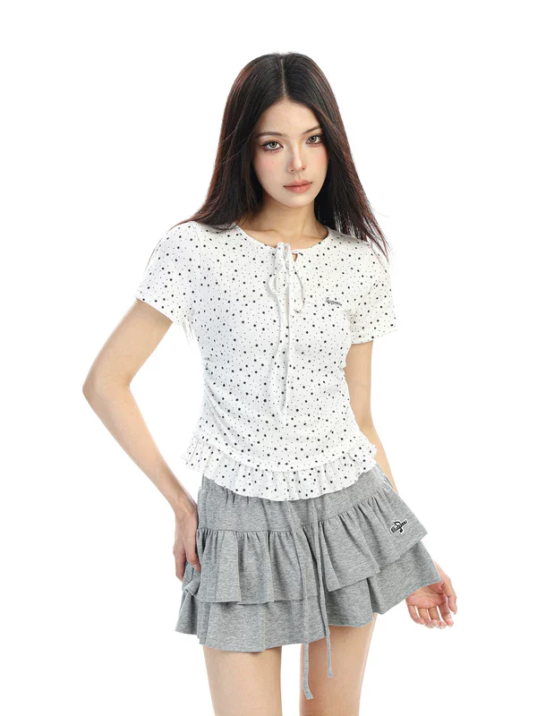 Star Print Tie-Front Ruffle Short T-Shirt - Image 5