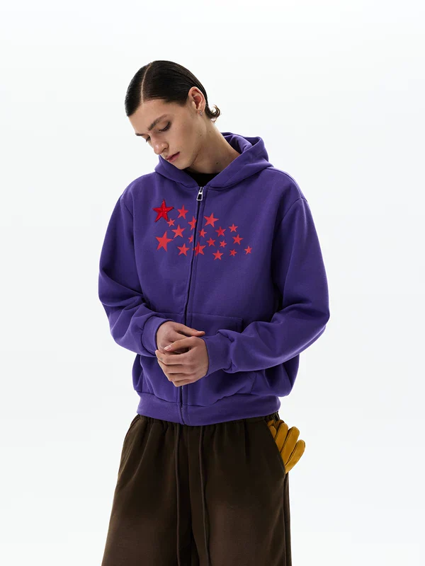 Star Print Zip Up Hooded Sweatshirt - Image 2