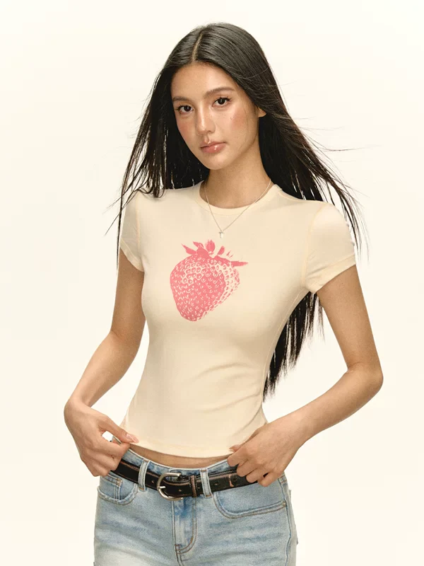 Strawberry Graphic Fitted Crop T-Shirt - Image 3