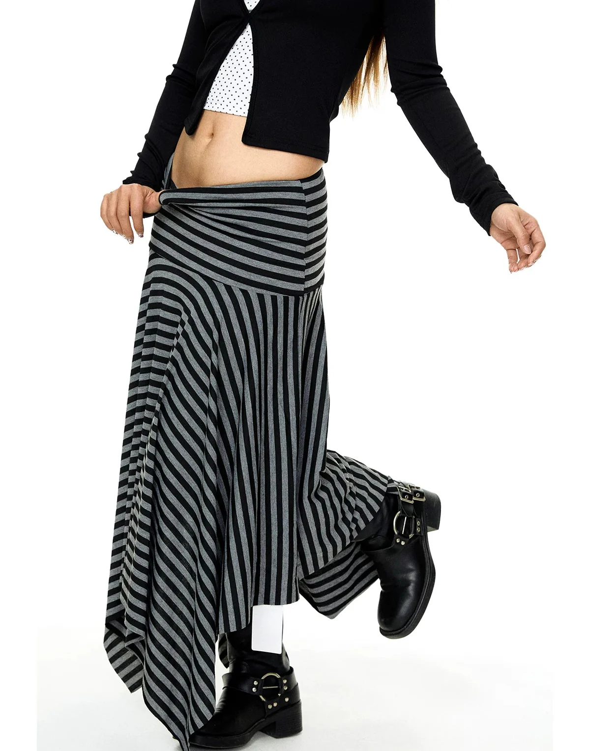 Striped Asymmetric Low-Waisted Midi Skirt - Image 4