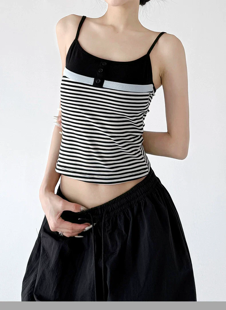 Striped Button Front Spaghetti Strap Camisole - Image 10