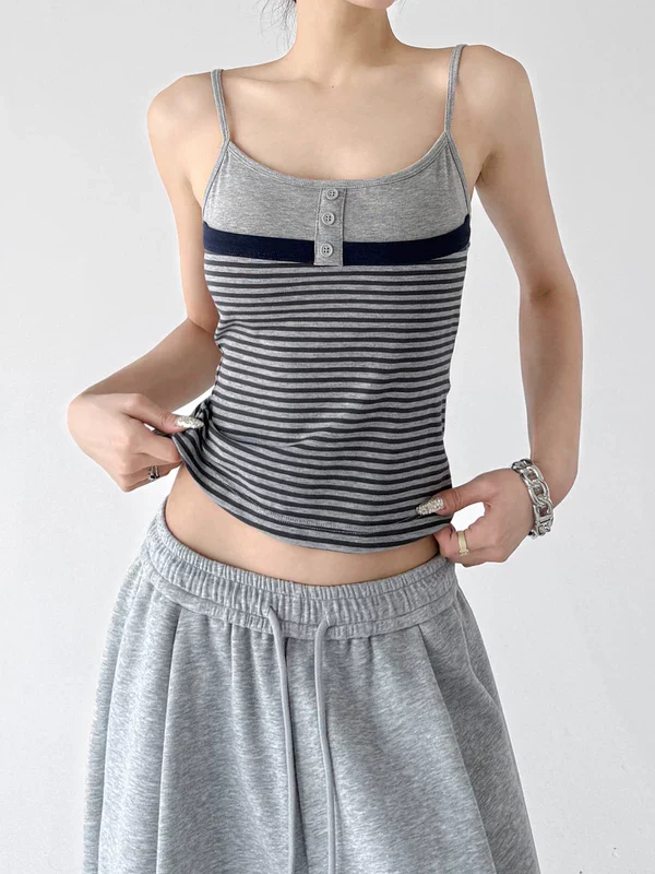 Striped Button Front Spaghetti Strap Camisole - Image 2