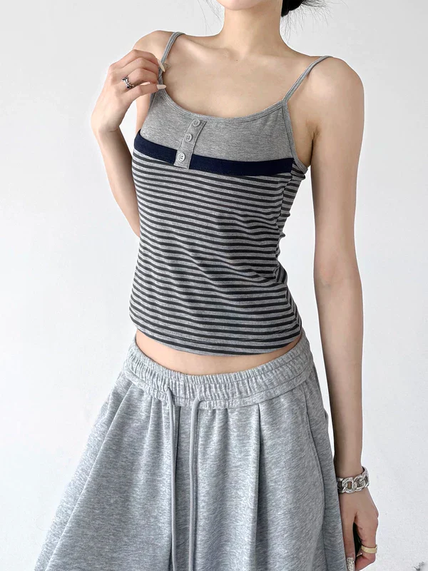 Striped Button Front Spaghetti Strap Camisole - Image 3