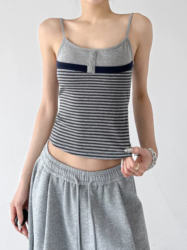 Striped Button Front Spaghetti Strap Camisole - Image 4