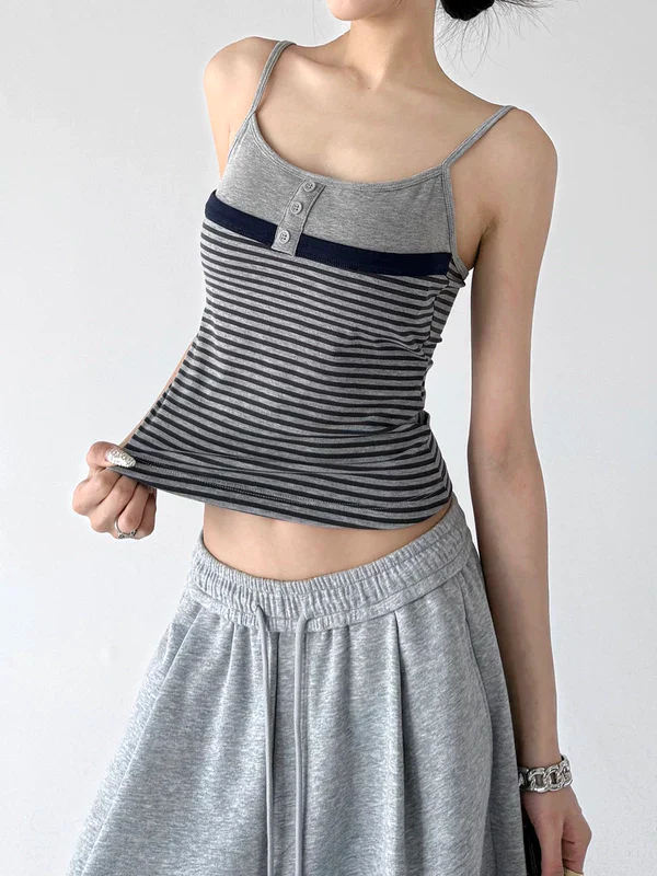 Striped Button Front Spaghetti Strap Camisole - Image 5