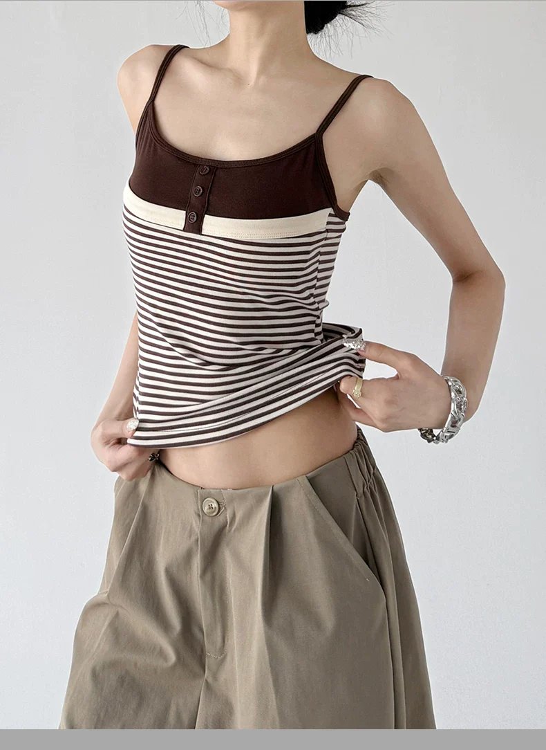 Striped Button Front Spaghetti Strap Camisole - Image 7