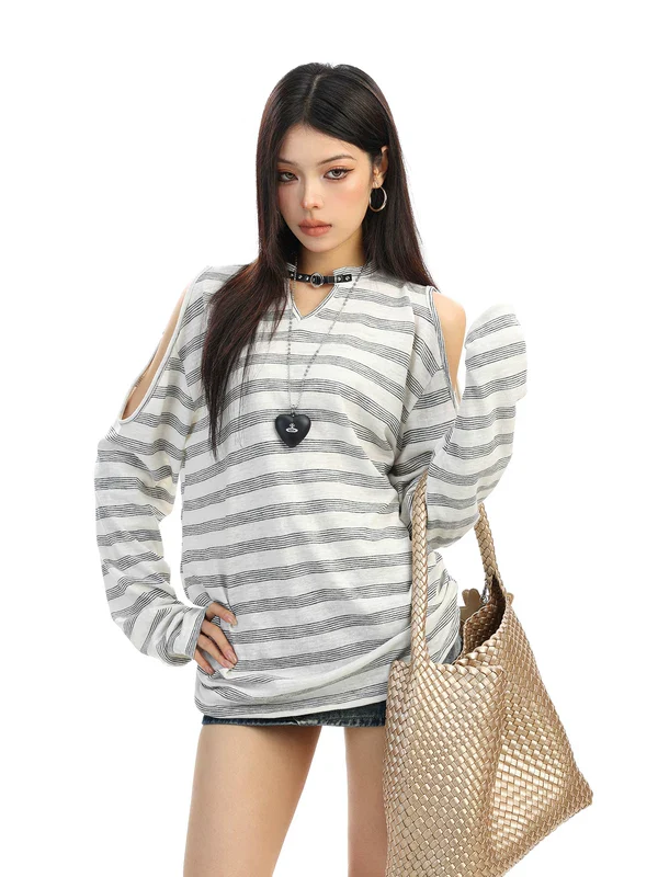Striped Cold Shoulder Long Sleeve Pullover - Image 5
