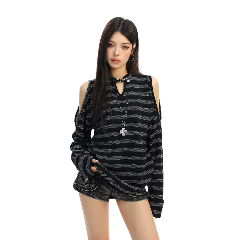 Striped Cold Shoulder Long Sleeve Pullover - Image 6