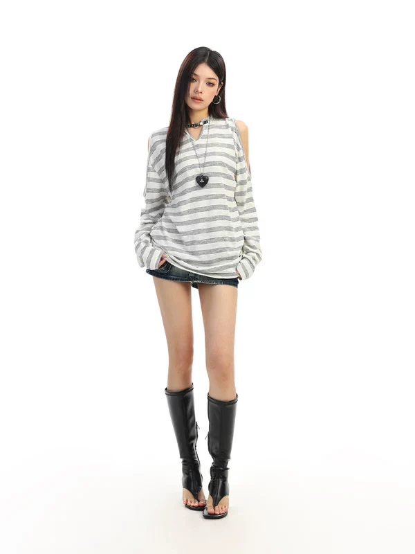 Striped Cold Shoulder Long Sleeve Pullover - Image 7