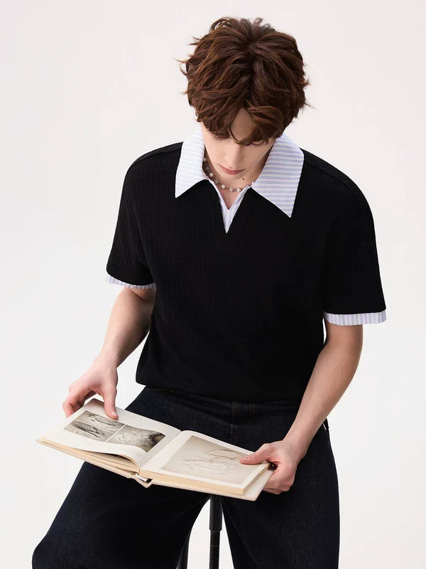Striped Collar Colorblock V-Neck T-Shirt