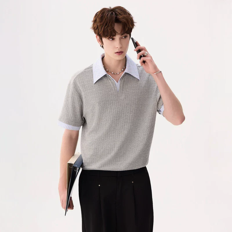 Striped Collar Colorblock V-Neck T-Shirt - Image 6