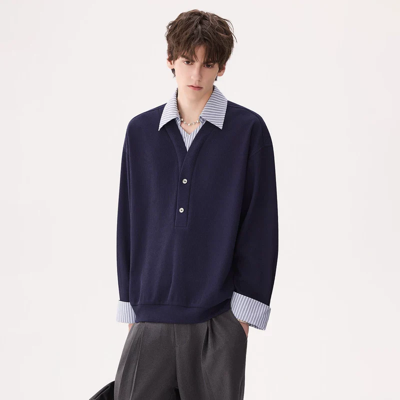 Striped Collar Faux Two-Piece Sweatshirt