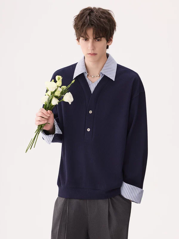 Striped Collar Faux Two-Piece Sweatshirt - Image 3