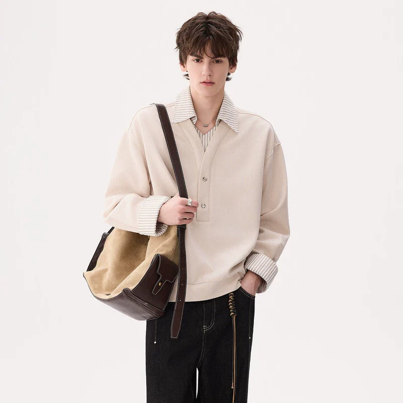 Striped Collar Faux Two-Piece Sweatshirt - Image 8