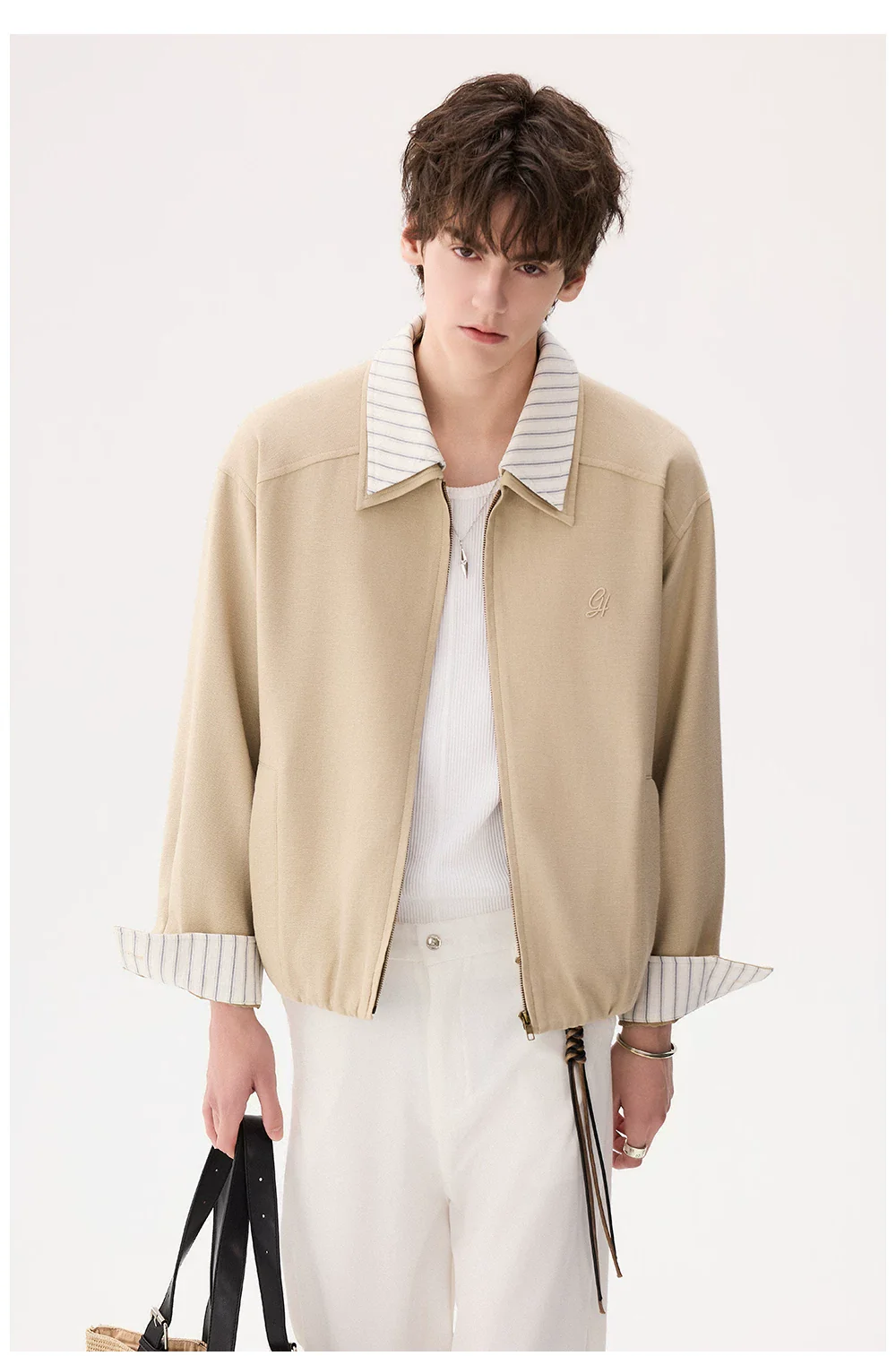 Striped Collar Zip Front Casual Jacket