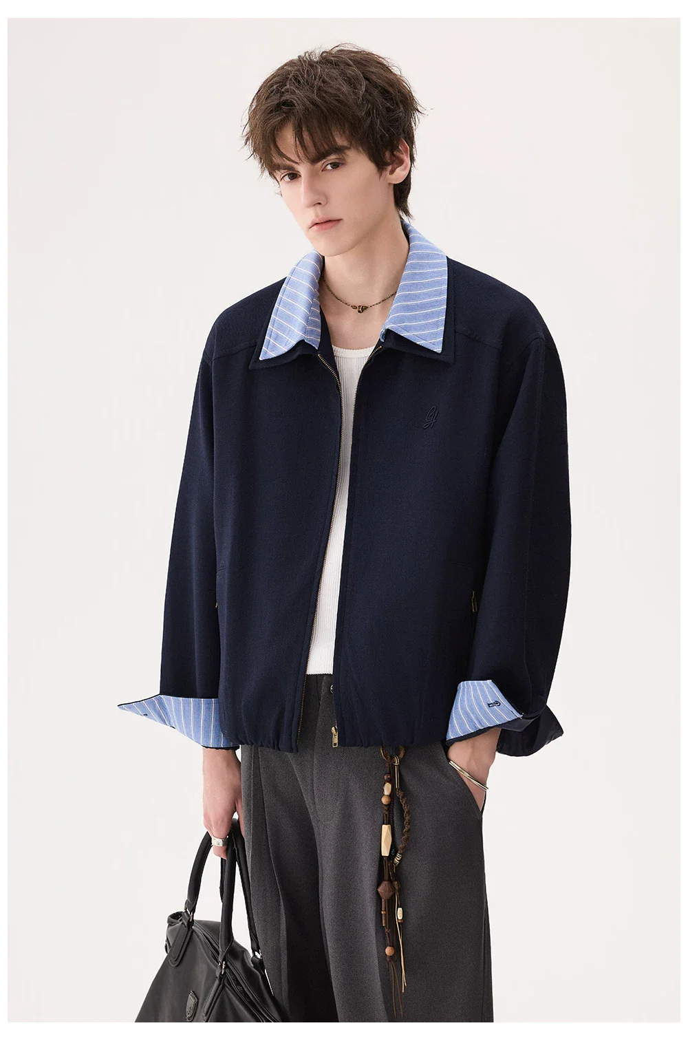 Striped Collar Zip Front Casual Jacket - Image 2