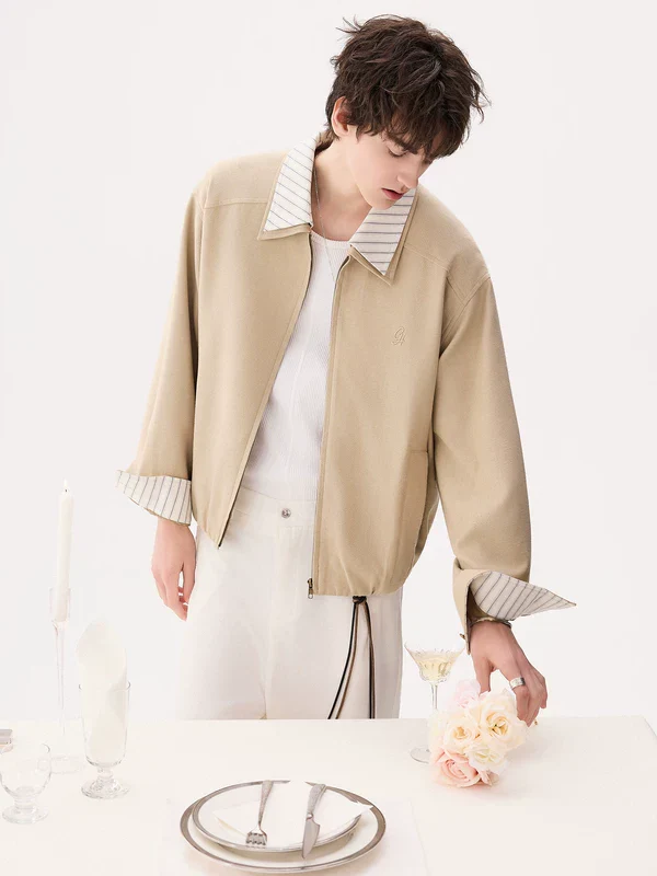 Striped Collar Zip Front Casual Jacket - Image 3