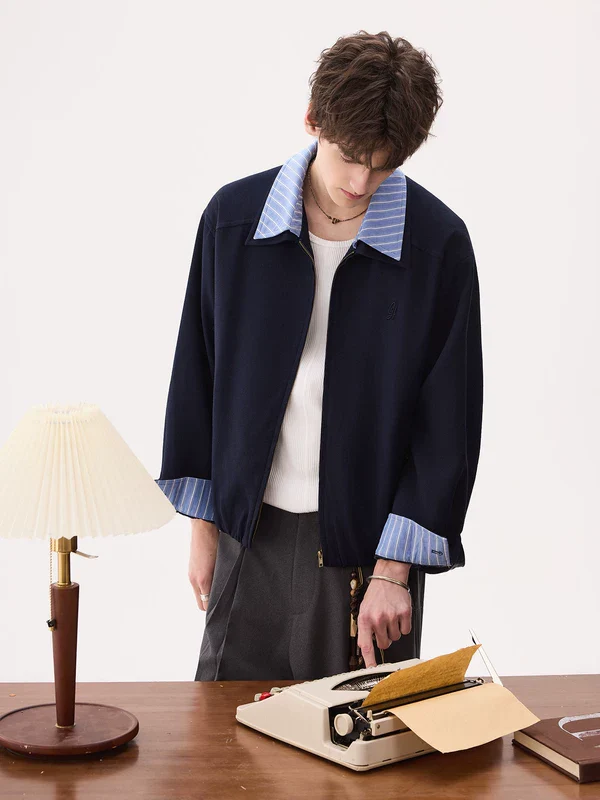 Striped Collar Zip Front Casual Jacket - Image 4