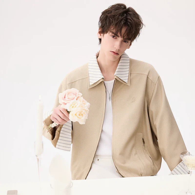 Striped Collar Zip Front Casual Jacket - Image 5