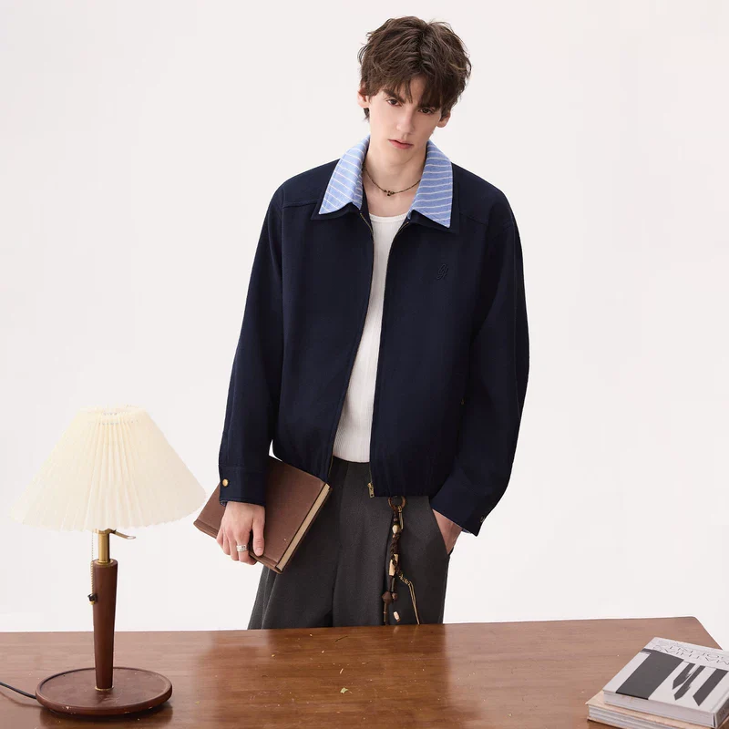 Striped Collar Zip Front Casual Jacket - Image 6