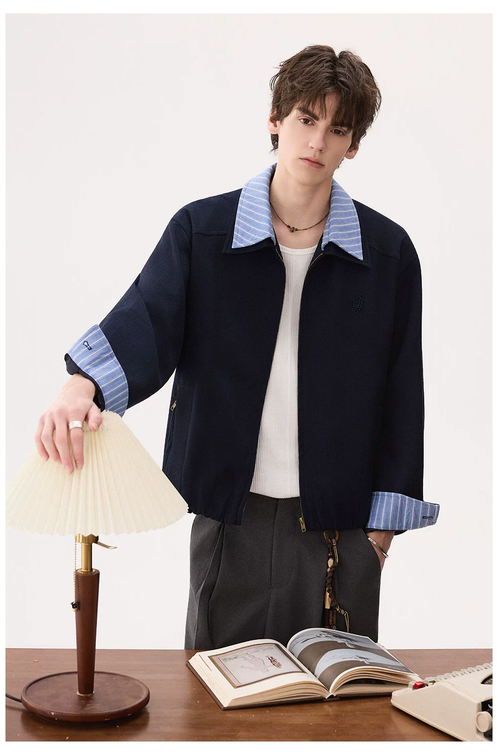 Striped Collar Zip Front Casual Jacket - Image 8