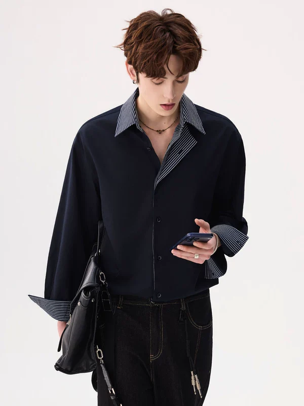 Striped Contrast Collar Button-Up Shirt