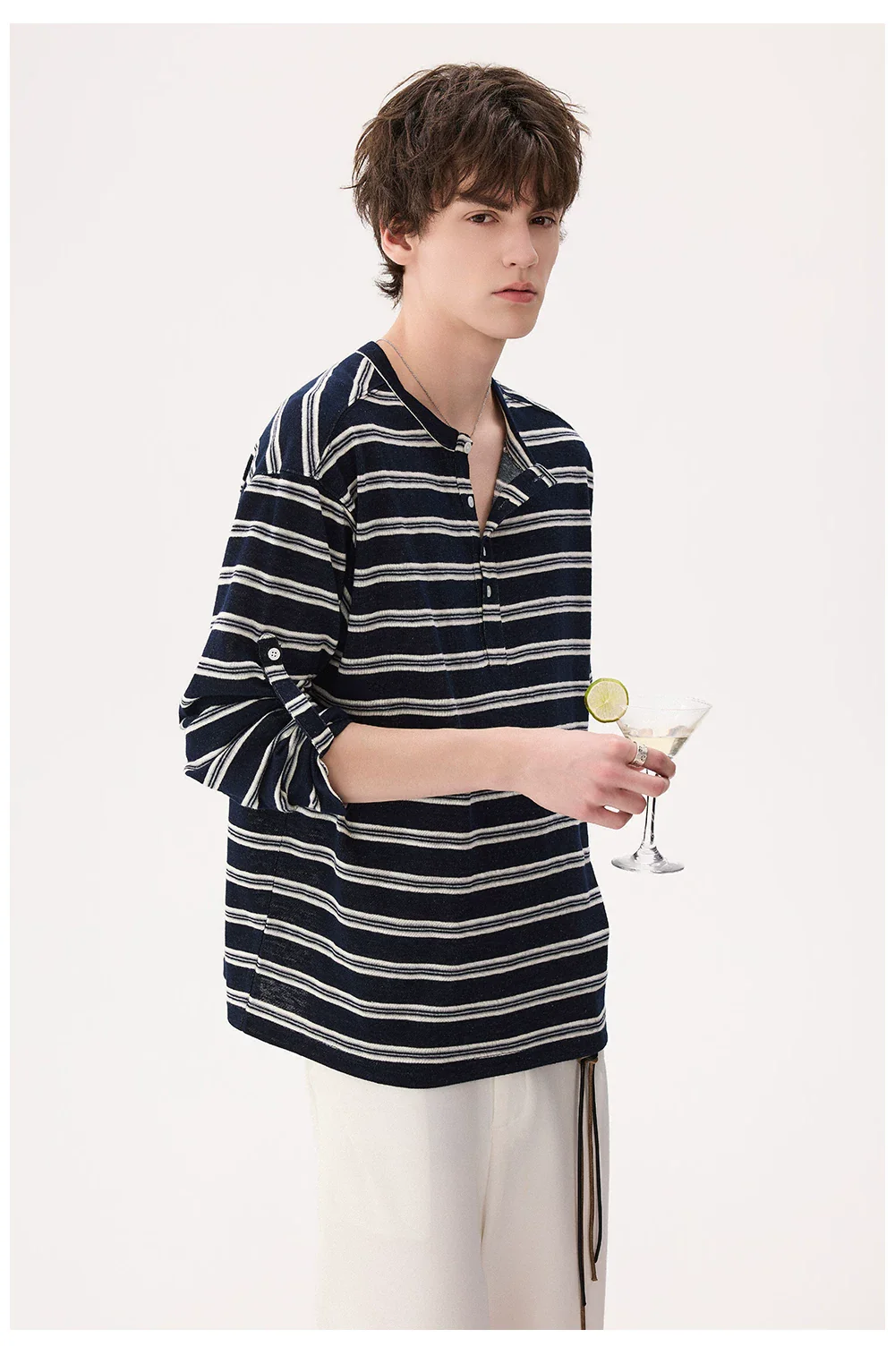 Striped Cotton Long Sleeve Henley Pullover - Image 8