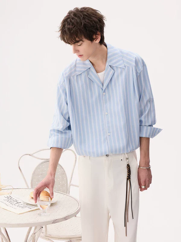 Striped Cuban Collar Long Sleeve Shirt - Image 3