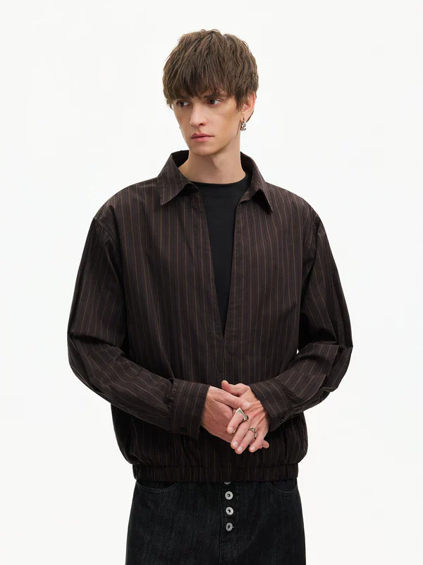 Striped Deep V-Neck Layered Look Shirt - Image 2