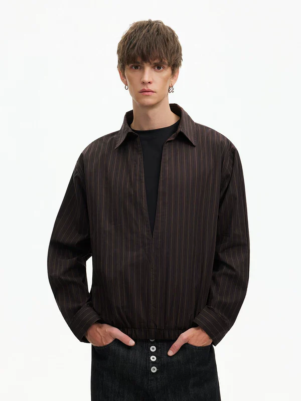 Striped Deep V-Neck Layered Look Shirt - Image 3