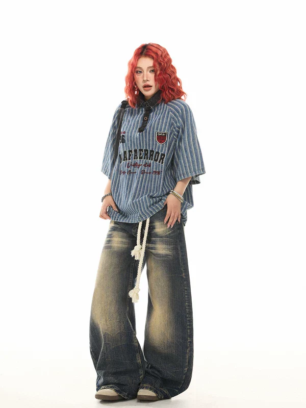 Embroidery Striped Denim Polo Shirt - Image 5