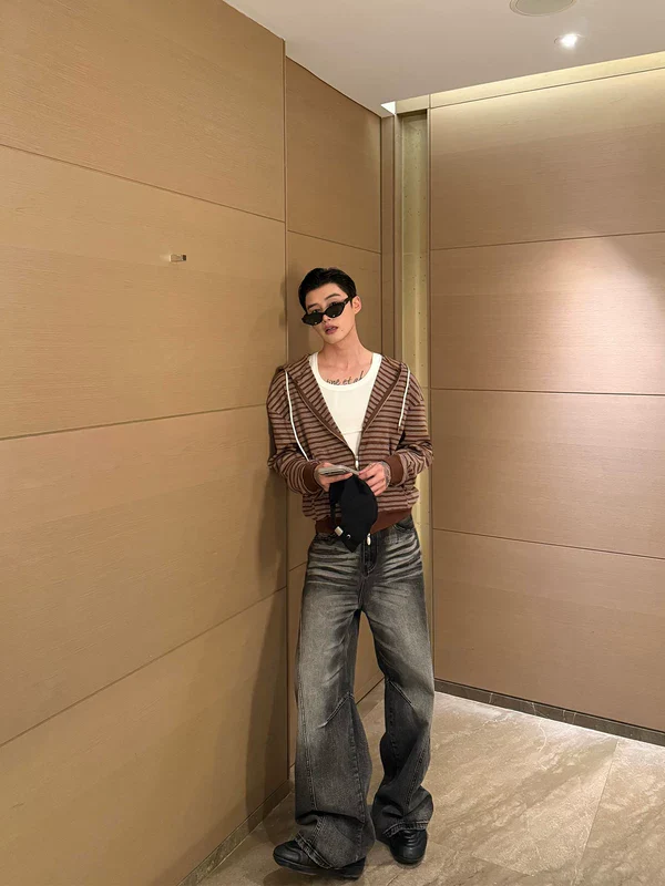 Striped Distressed Knit Zip-Up Hoodie - Image 8
