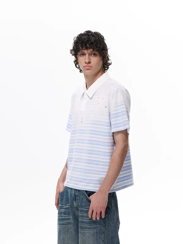 Striped Distressed Short Sleeve Polo Shirt - Image 2