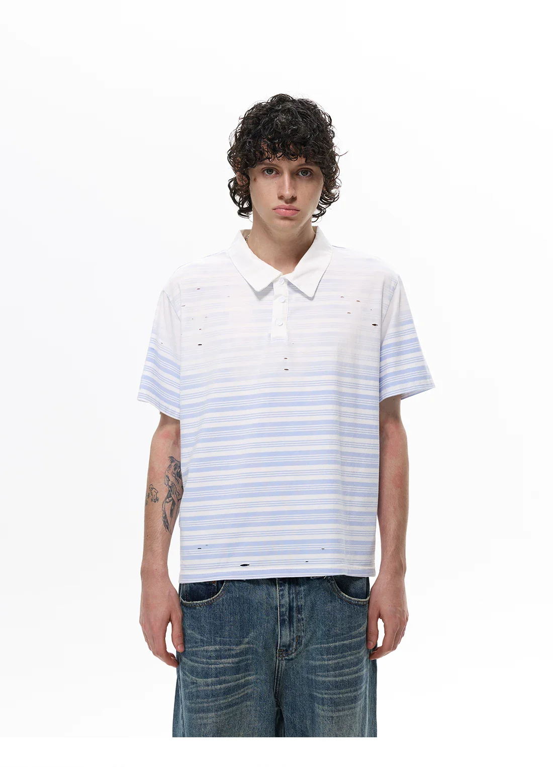 Striped Distressed Short Sleeve Polo Shirt - Image 3