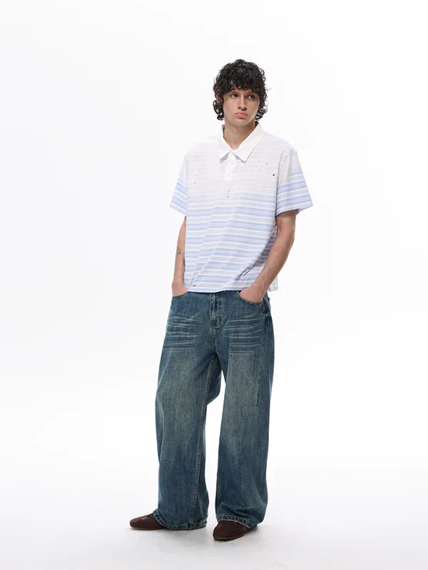 Striped Distressed Short Sleeve Polo Shirt - Image 6