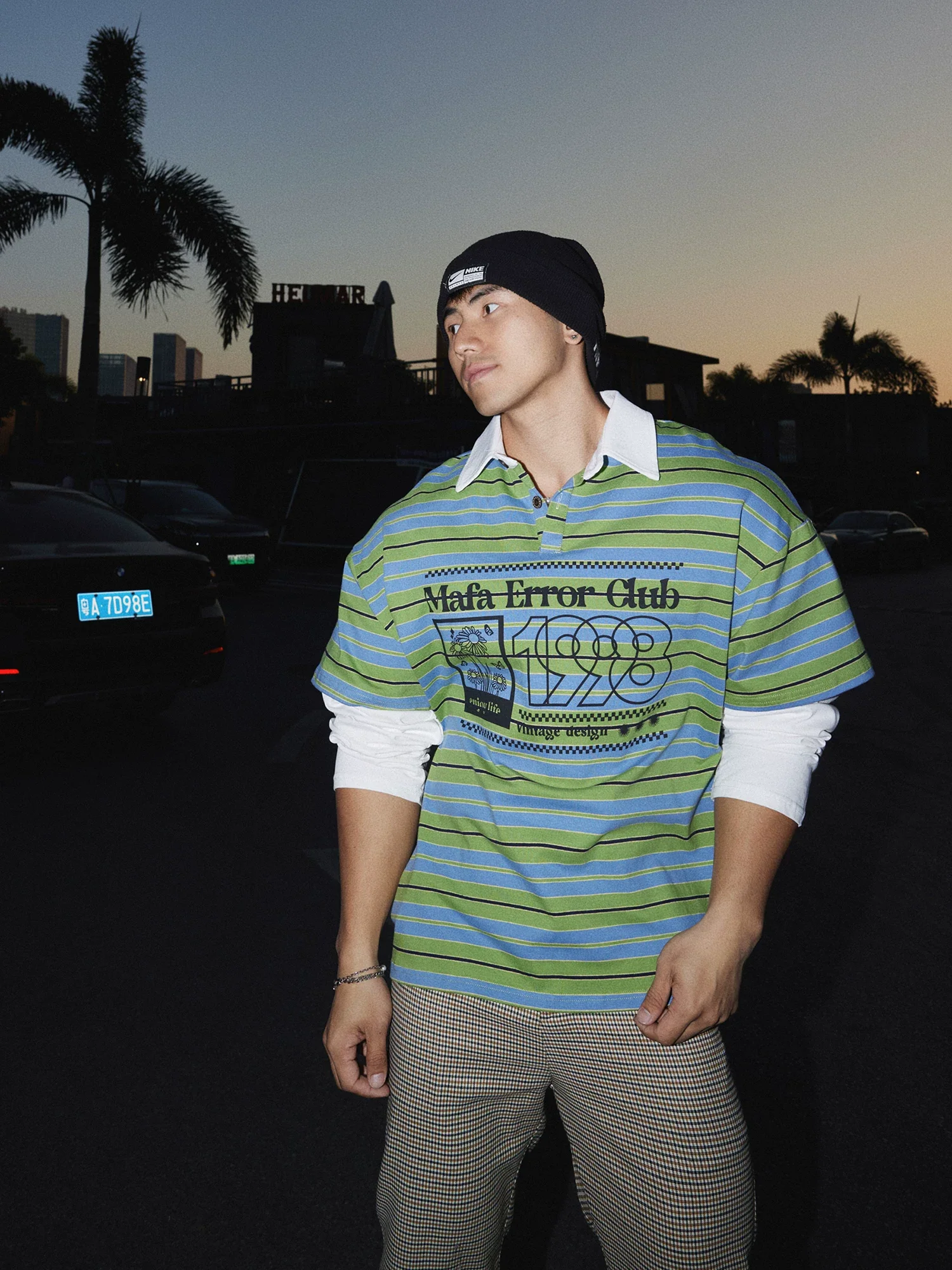 Striped Faux Layered Polo Collar Shirt - Image 5