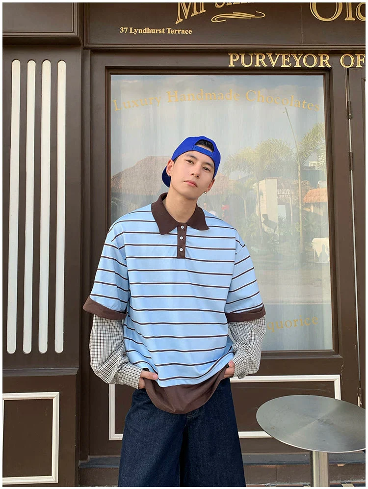 Striped Faux Layered Polo T-Shirt - Image 2