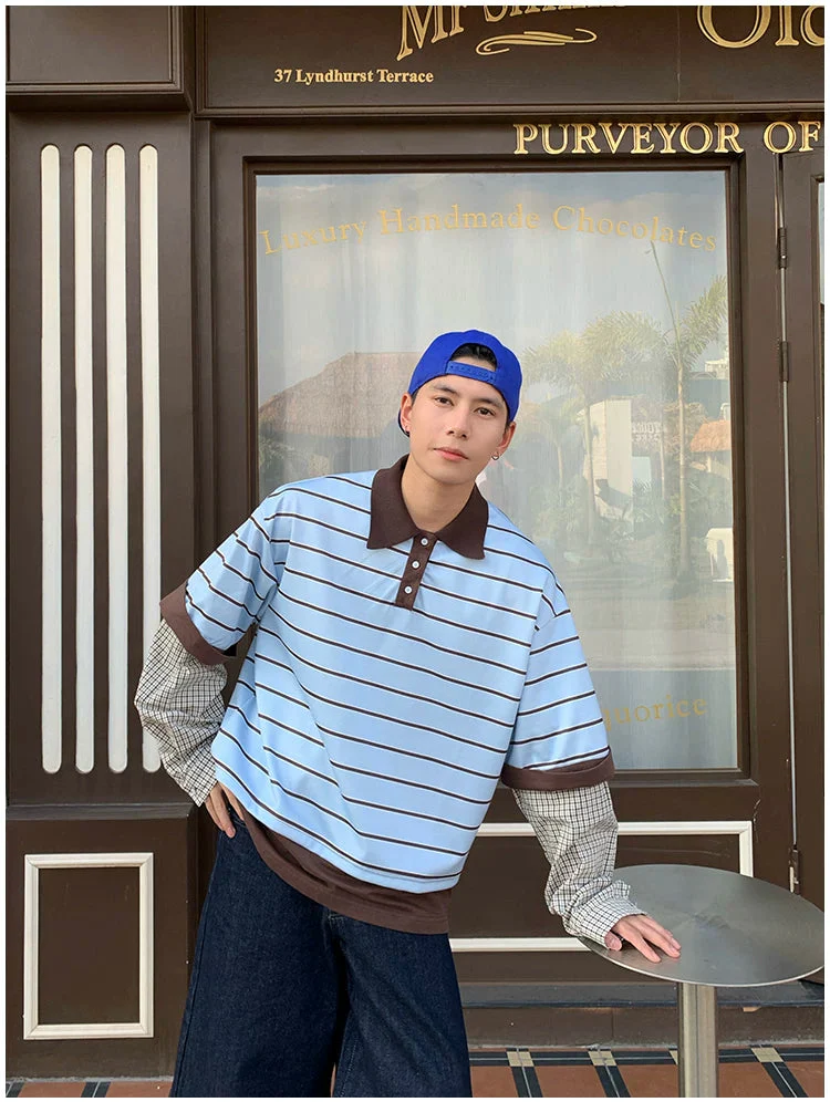 Striped Faux Layered Polo T-Shirt - Image 3