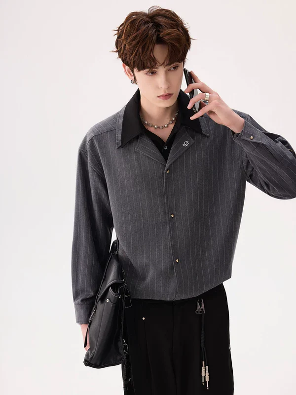 Striped Faux Two-Piece Button-Up Shirt - Image 4