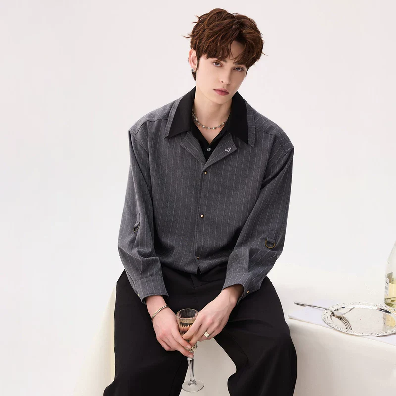 Striped Faux Two-Piece Button-Up Shirt - Image 6