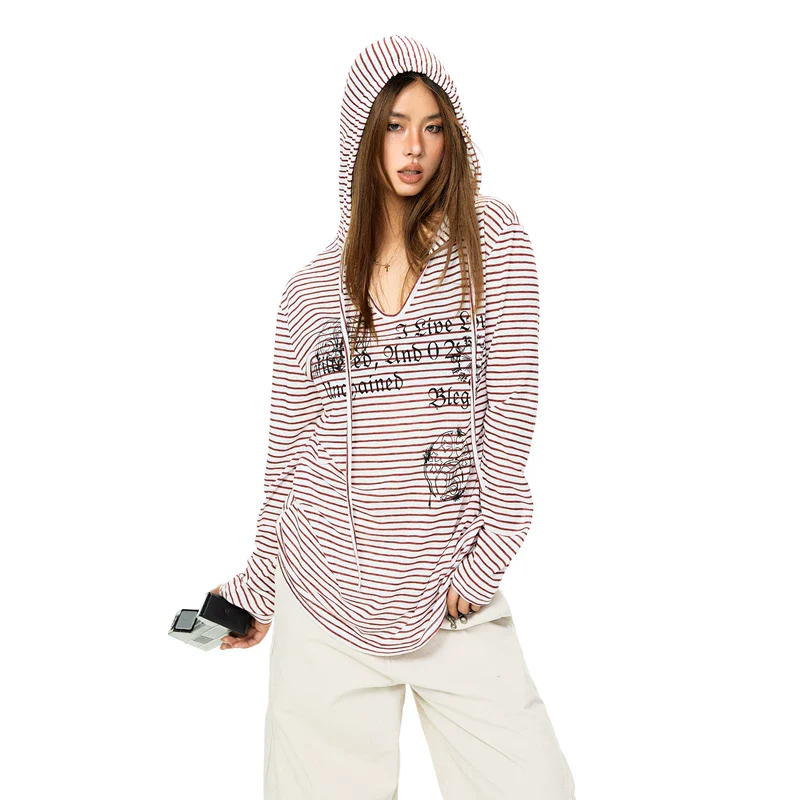 Striped Graphic Hooded Long Sleeve T-Shirt