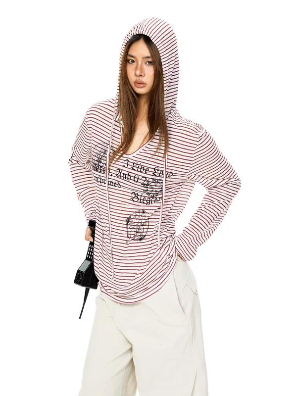 Striped Graphic Hooded Long Sleeve T-Shirt - Image 3